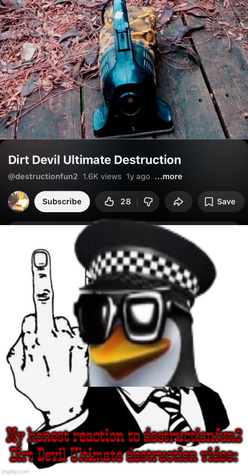My honest reaction to destructionfun2 Dirt Devil Ultimate destruction video: | image tagged in memes,1950s middle finger | made w/ Imgflip meme maker