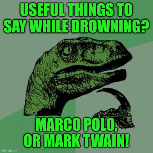Philosoraptor | USEFUL THINGS TO SAY WHILE DROWNING? MARCO POLO, OR MARK TWAIN! | image tagged in memes,philosoraptor | made w/ Imgflip meme maker
