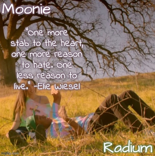 moons n radium - wolf n salem temp | “One more stab to the heart, one more reason to hate. One less reason to live.” -Elie Wiesel | image tagged in moons n radium - wolf n salem temp | made w/ Imgflip meme maker