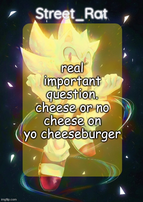 Rat's hyper sonic temp | real important question. cheese or no cheese on yo cheeseburger | image tagged in rat's hyper sonic temp | made w/ Imgflip meme maker