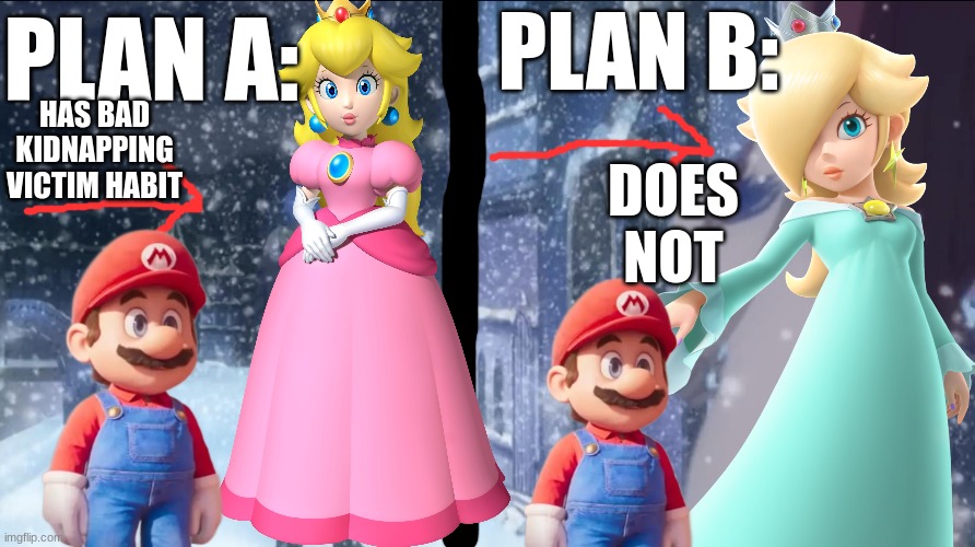 mario memes 'til new movie (week 1/4) | PLAN B:; PLAN A:; HAS BAD KIDNAPPING VICTIM HABIT; DOES NOT | image tagged in mario,super mario,princess peach,memes | made w/ Imgflip meme maker