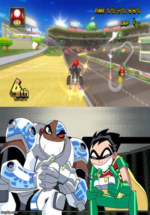 Robin and Cyborg (Teen Titans) Play Mario Kart Wii | image tagged in mario,mario kart,nintendo,teen titans,memes,super mario | made w/ Imgflip meme maker