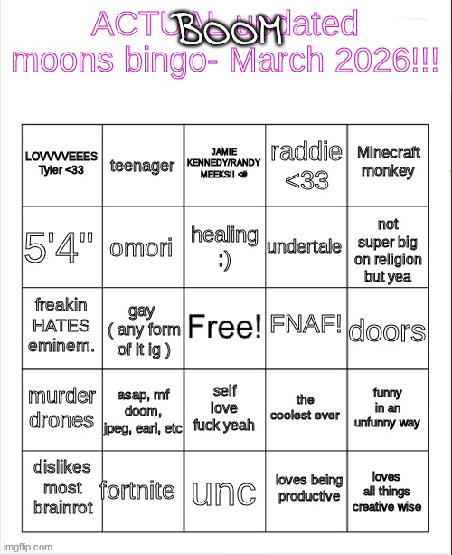 moons bingo March 2026 | BOOM | image tagged in moons bingo march 2026 | made w/ Imgflip meme maker