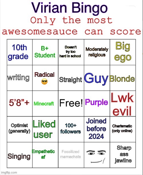 First one I’ve done since 23 | image tagged in virian bingo 2026 | made w/ Imgflip meme maker