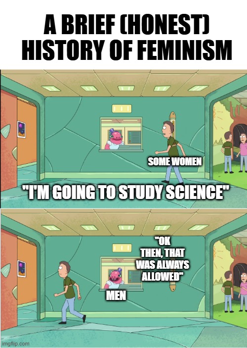 History is a lot less epic when you remove the propaganda | A BRIEF (HONEST) HISTORY OF FEMINISM; SOME WOMEN; "I'M GOING TO STUDY SCIENCE"; "OK THEN, THAT WAS ALWAYS ALLOWED"; MEN | image tagged in okay then that was always allowed rick and morty jerry,history memes,feminism,propaganda,politics lol | made w/ Imgflip meme maker