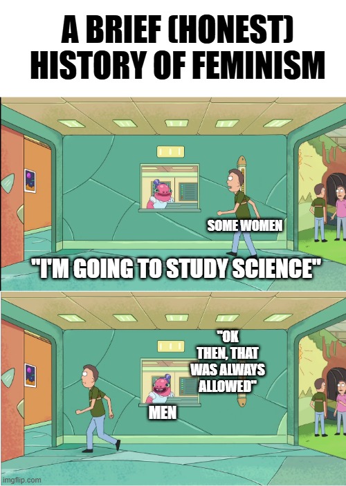 History devoid of propaganda is a lot less epic | A BRIEF (HONEST) HISTORY OF FEMINISM; SOME WOMEN; "I'M GOING TO STUDY SCIENCE"; "OK THEN, THAT WAS ALWAYS ALLOWED"; MEN | image tagged in okay then that was always allowed rick and morty jerry,politics,feminism,historical meme,political lol,feminist propaganda | made w/ Imgflip meme maker