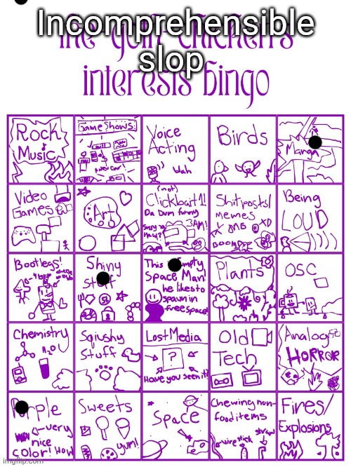 TGC Interest Bingo | Incomprehensible slop | image tagged in tgc interest bingo | made w/ Imgflip meme maker