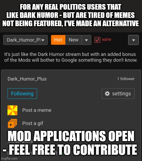 The real politics of mods on this site... Made a new stream | FOR ANY REAL POLITICS USERS THAT LIKE DARK HUMOR - BUT ARE TIRED OF MEMES NOT BEING FEATURED, I'VE MADE AN ALTERNATIVE; MOD APPLICATIONS OPEN - FEEL FREE TO CONTRIBUTE | image tagged in politics | made w/ Imgflip meme maker