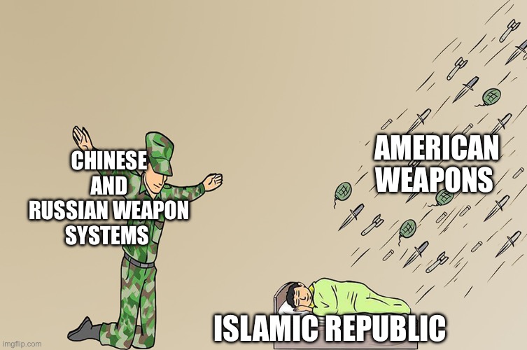 China, Russia and Iran | AMERICAN WEAPONS; CHINESE AND RUSSIAN WEAPON SYSTEMS; ISLAMIC REPUBLIC | image tagged in soldier not protecting child,iran,russia,china,usa,politics | made w/ Imgflip meme maker