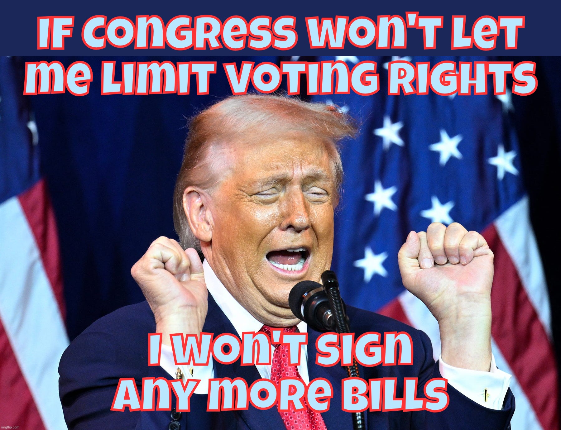 If Congress won't let
me limit voting rights; I won't sign any more bills | made w/ Imgflip meme maker