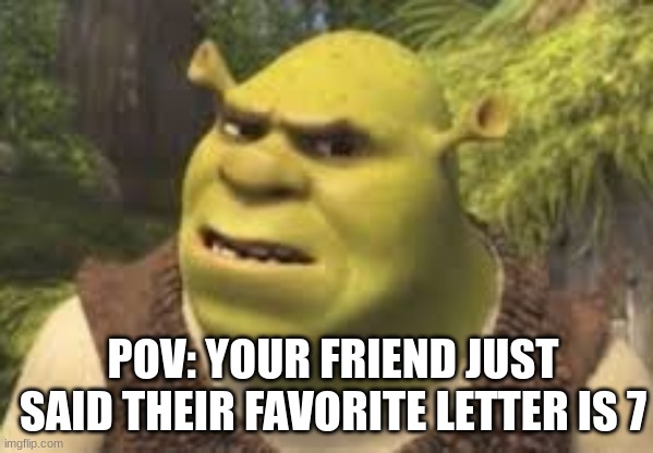 fav letter | POV: YOUR FRIEND JUST SAID THEIR FAVORITE LETTER IS 7 | image tagged in confused shrek | made w/ Imgflip meme maker