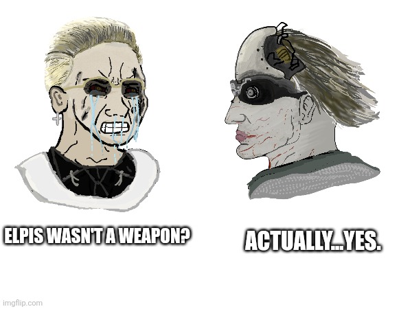 Chud Zeno vs Chad Victor | ELPIS WASN'T A WEAPON? ACTUALLY...YES. | image tagged in resident evil | made w/ Imgflip meme maker