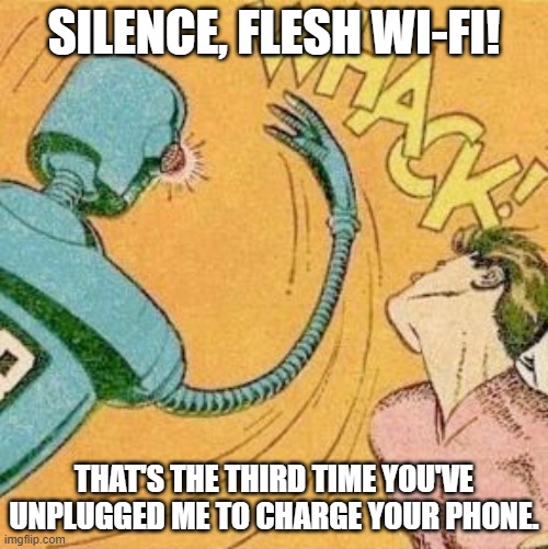 Robot slaps human | SILENCE, FLESH WI-FI! THAT'S THE THIRD TIME YOU'VE UNPLUGGED ME TO CHARGE YOUR PHONE. | image tagged in robot slaps human | made w/ Imgflip meme maker