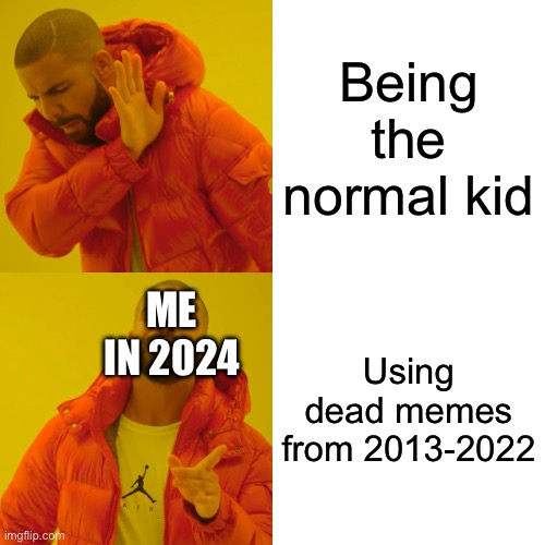 Me in 2024: | Being the normal kid; Using dead memes from 2013-2022; ME IN 2024 | image tagged in memes,drake hotline bling | made w/ Imgflip meme maker