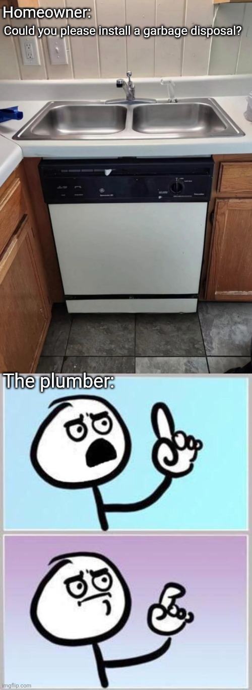 Top loading dishwasher | Homeowner:; Could you please install a garbage disposal? The plumber: | image tagged in wait what,kitchen,design fails,designer,you had one job | made w/ Imgflip meme maker