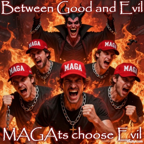 Between Good and Evil MAGAts choose Evil | image tagged in magats burning in hell with satan laughing | made w/ Imgflip meme maker