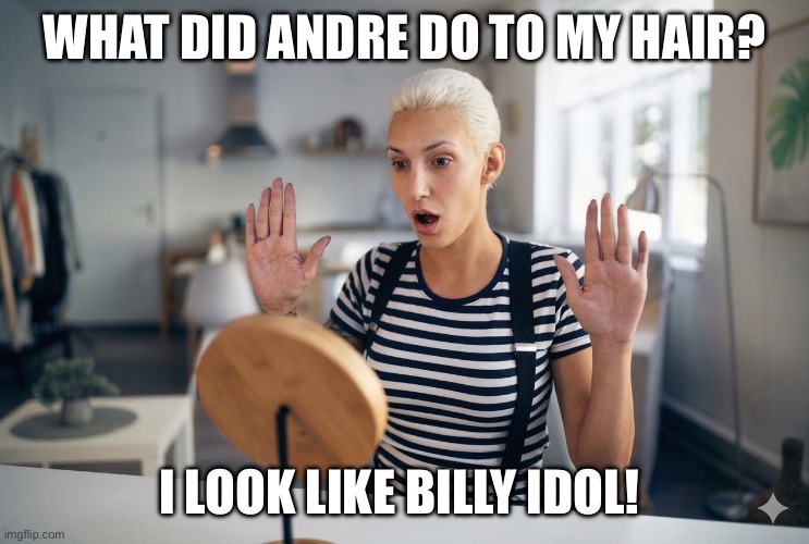 Young Woman With Bad Hairdo | WHAT DID ANDRE DO TO MY HAIR? I LOOK LIKE BILLY IDOL! | image tagged in young woman,bleached hair,bad hairdo | made w/ Imgflip meme maker
