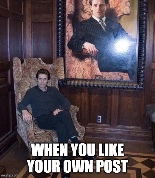 When you like your own post | WHEN YOU LIKE YOUR OWN POST | image tagged in willem dafoe | made w/ Imgflip meme maker