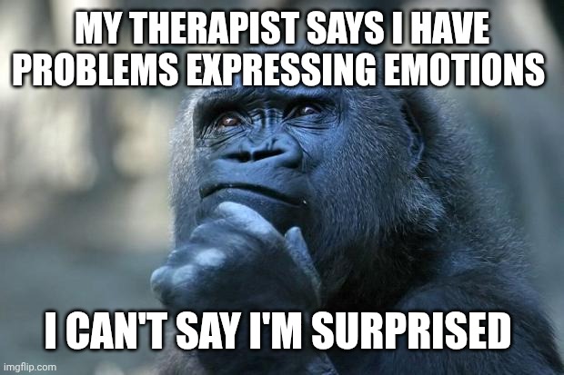 Deep Thoughts | MY THERAPIST SAYS I HAVE PROBLEMS EXPRESSING EMOTIONS; I CAN'T SAY I'M SURPRISED | image tagged in deep thoughts | made w/ Imgflip meme maker