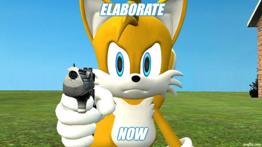 Tails with a Gun | ELABORATE NOW | image tagged in tails with a gun | made w/ Imgflip meme maker