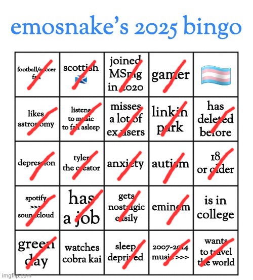 who remembers my trans phase </3 | image tagged in emosnake's 2025 bingo | made w/ Imgflip meme maker