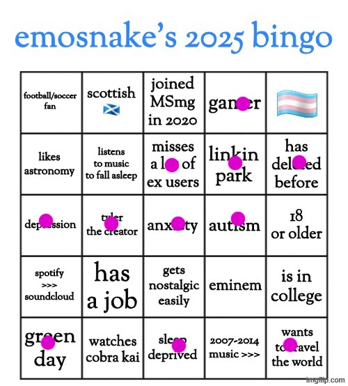 emosnake's 2025 bingo | image tagged in emosnake's 2025 bingo | made w/ Imgflip meme maker