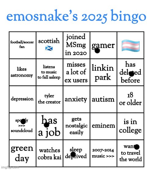emosnake's 2025 bingo | image tagged in emosnake's 2025 bingo | made w/ Imgflip meme maker