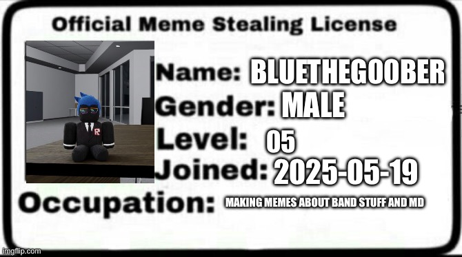 Meme Stealing License | BLUETHEG00BER; MALE; 05; 2025-05-19; MAKING MEMES ABOUT BAND STUFF AND MD | image tagged in meme stealing license | made w/ Imgflip meme maker