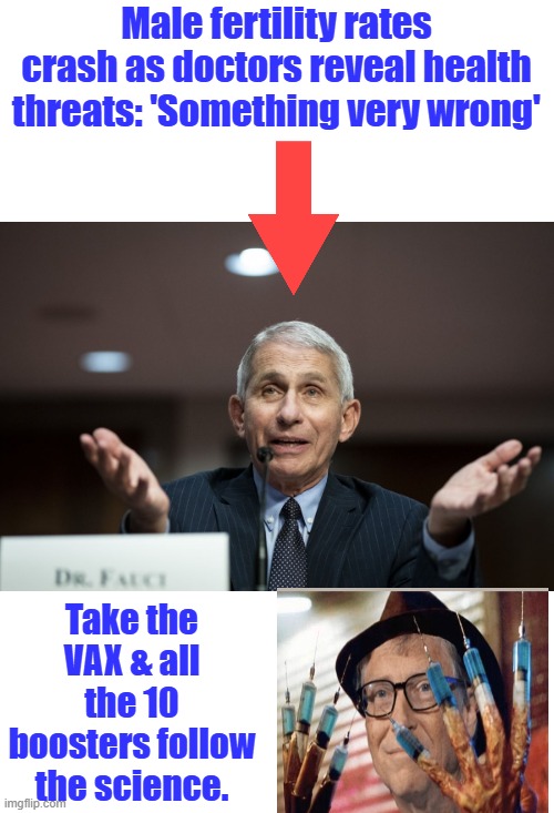 Do the population control juice. Recommended by the Eugenics Gates family | Male fertility rates crash as doctors reveal health threats: 'Something very wrong'; Take the VAX & all the 10 boosters follow the science. | image tagged in dr fauci | made w/ Imgflip meme maker