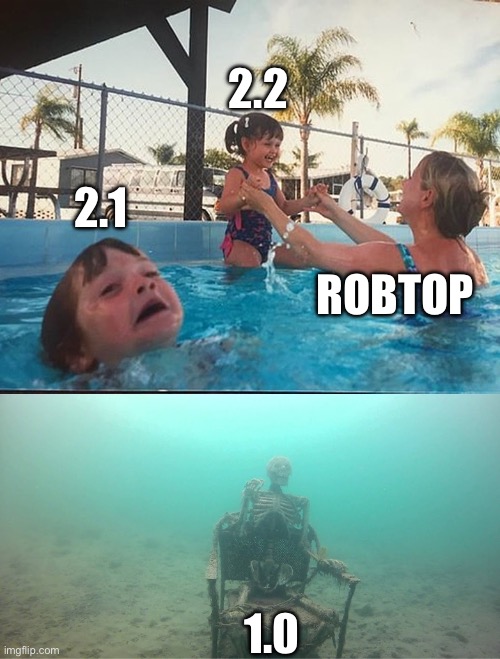 drowning kid + skeleton | 2.2; 2.1; ROBTOP; 1.0 | image tagged in drowning kid skeleton | made w/ Imgflip meme maker