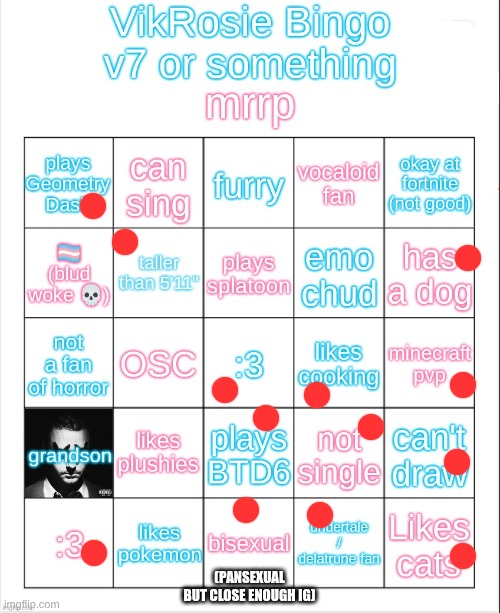VikRosie Bingo NEW!!!!!!!!!!!!!!!!!! | (PANSEXUAL BUT CLOSE ENOUGH IG) | image tagged in vikrosie bingo new | made w/ Imgflip meme maker
