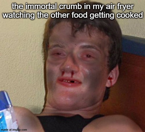 Burnt 10 Guy | the immortal crumb in my air fryer watching the other food getting cooked | image tagged in burnt 10 guy | made w/ Imgflip meme maker