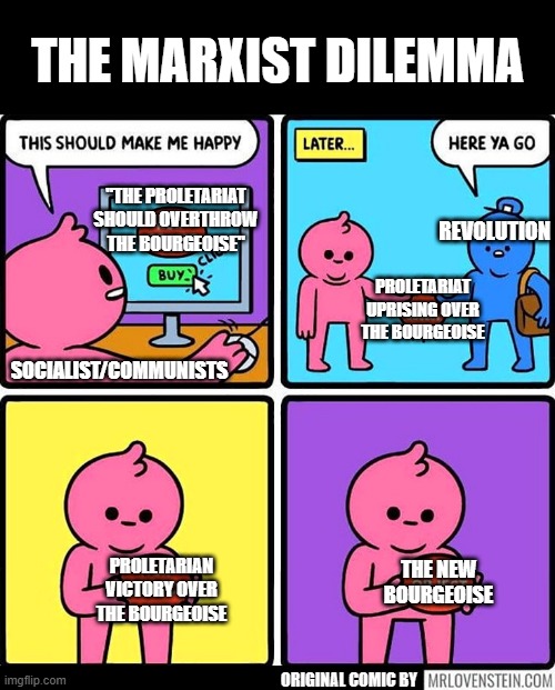 Meet the new boss, same as the old boss | THE MARXIST DILEMMA; "THE PROLETARIAT SHOULD OVERTHROW THE BOURGEOISE"; REVOLUTION; PROLETARIAT UPRISING OVER THE BOURGEOISE; SOCIALIST/COMMUNISTS; PROLETARIAN VICTORY OVER THE BOURGEOISE; THE NEW BOURGEOISE; ORIGINAL COMIC BY | image tagged in mrlovenstein meme,communism,socialism,history memes,political meme,cultural marxism | made w/ Imgflip meme maker