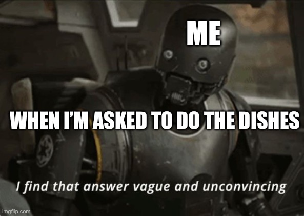 I find that answer vague and unconvincing | ME; WHEN I’M ASKED TO DO THE DISHES | image tagged in i find that answer vague and unconvincing | made w/ Imgflip meme maker