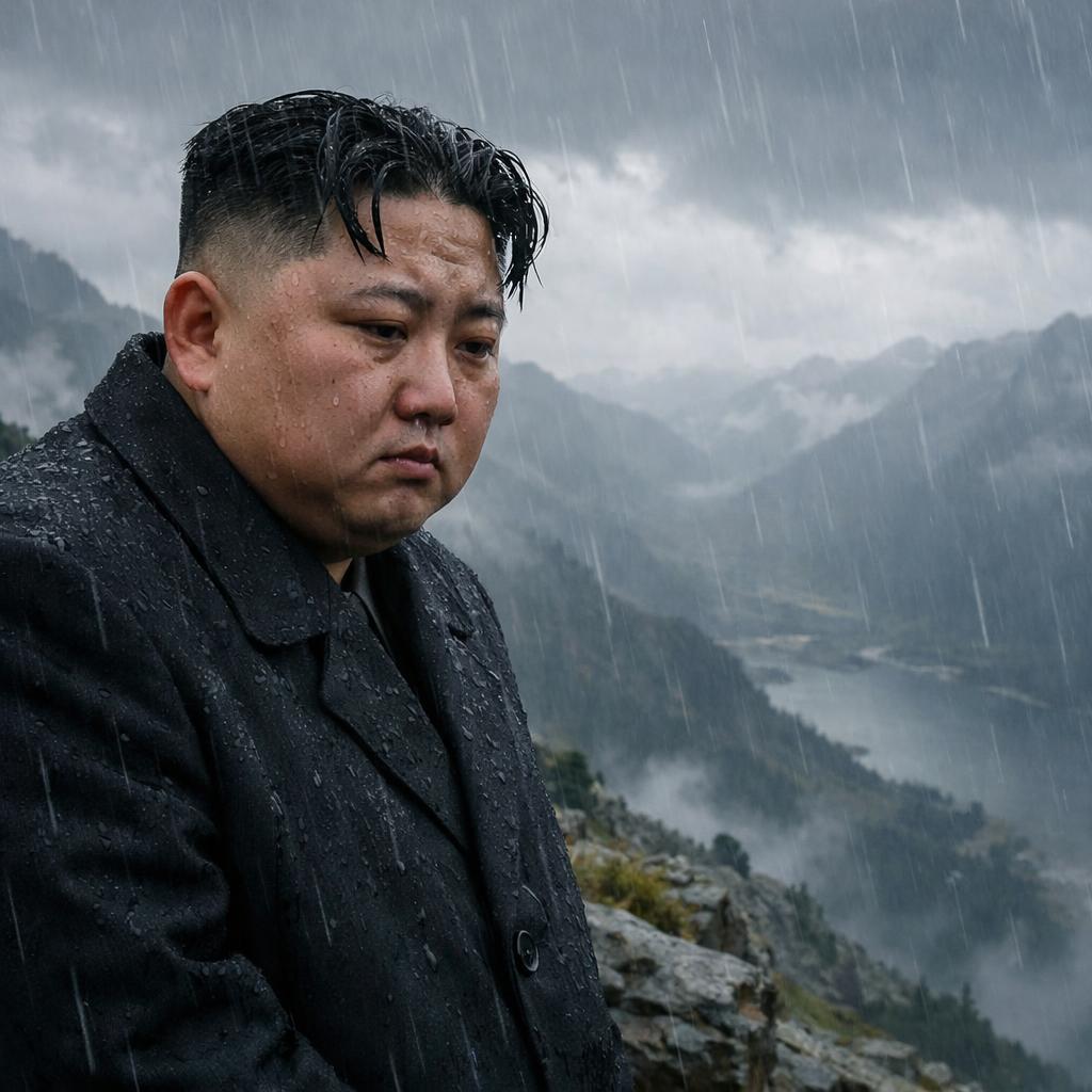 sad Kim Jung un on a mountain raining looking sad Blank Meme Template