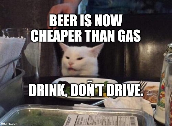 Smudge that darn cat | BEER IS NOW CHEAPER THAN GAS; DRINK, DON'T DRIVE. | image tagged in smudge that darn cat | made w/ Imgflip meme maker