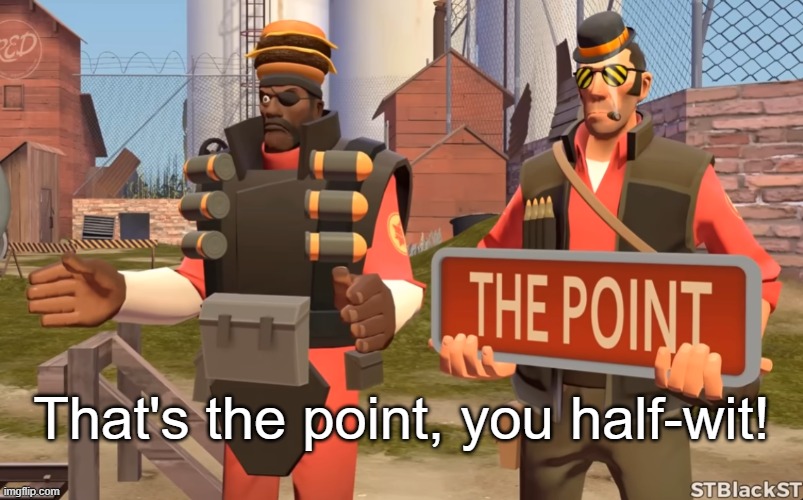 that's the point you half-wit | image tagged in that's the point you half-wit | made w/ Imgflip meme maker