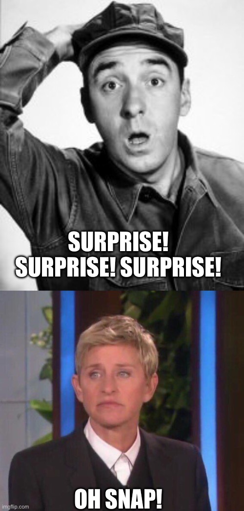 SURPRISE! SURPRISE! SURPRISE! OH SNAP! | image tagged in gomer's pyle,disappointed ellen | made w/ Imgflip meme maker