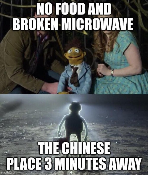 Holy Kermit | NO FOOD AND BROKEN MICROWAVE; THE CHINESE PLACE 3 MINUTES AWAY | image tagged in holy kermit | made w/ Imgflip meme maker