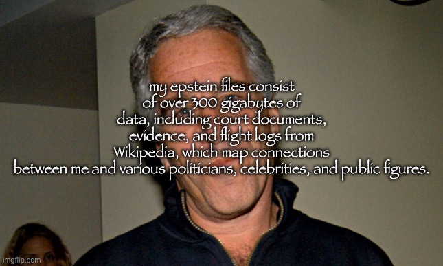 fun fact | my epstein files consist of over 300 gigabytes of data, including court documents, evidence, and flight logs from Wikipedia, which map conne | image tagged in jeffrey epstein | made w/ Imgflip meme maker