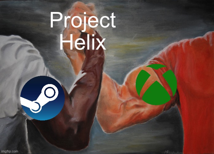Maybe this is why Sony is stopping PC versions of their games. ??? | Project Helix | image tagged in memes,epic handshake,playstation,xbox,steam,pc | made w/ Imgflip meme maker