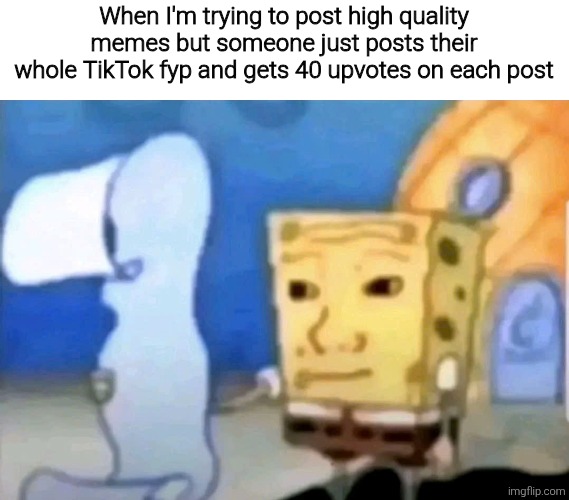 Spongebob reading long paper | When I'm trying to post high quality memes but someone just posts their whole TikTok fyp and gets 40 upvotes on each post | image tagged in spongebob reading long paper | made w/ Imgflip meme maker