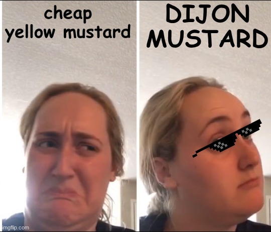 so much difference people | DIJON MUSTARD; cheap yellow mustard | image tagged in kombucha girl,fancy taste | made w/ Imgflip meme maker