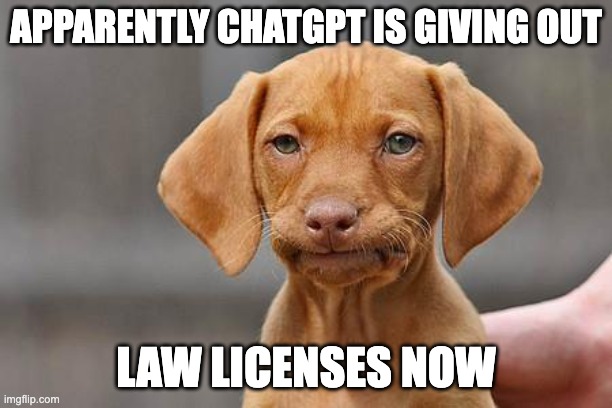 Unamused puppy law license | APPARENTLY CHATGPT IS GIVING OUT; LAW LICENSES NOW | image tagged in dissapointed puppy | made w/ Imgflip meme maker
