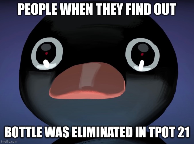 Pingu stare | PEOPLE WHEN THEY FIND OUT; BOTTLE WAS ELIMINATED IN TPOT 21 | image tagged in pingu stare | made w/ Imgflip meme maker