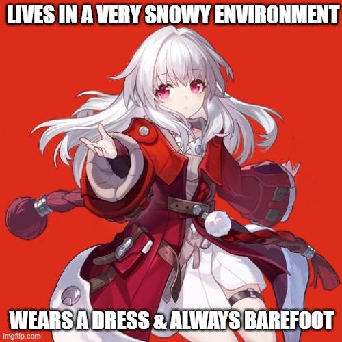 How is she not getting frostbite? | LIVES IN A VERY SNOWY ENVIRONMENT; WEARS A DRESS & ALWAYS BAREFOOT | image tagged in honkai star rail,clara,classic style meme,hold up | made w/ Imgflip meme maker