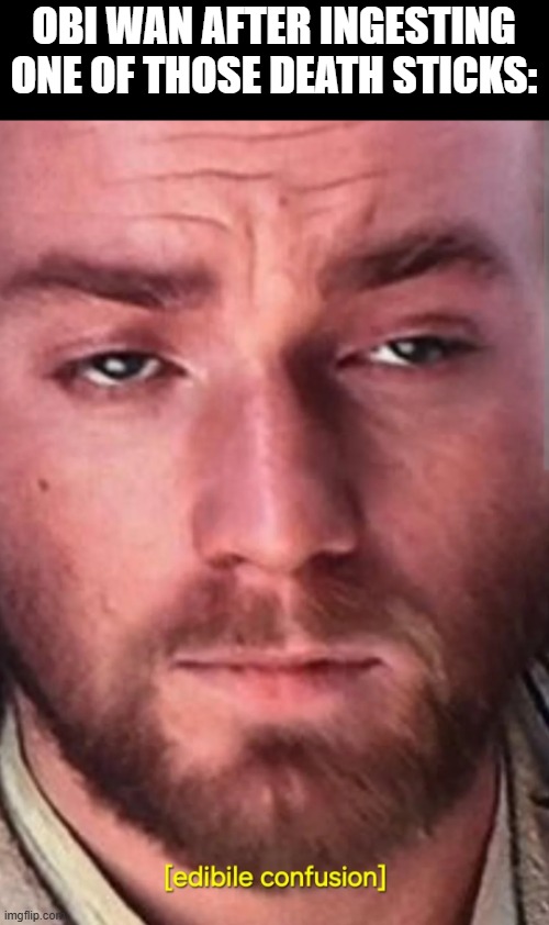He Took the Death Sticks | OBI WAN AFTER INGESTING ONE OF THOSE DEATH STICKS: | image tagged in obi wan kenobi,death sticks | made w/ Imgflip meme maker