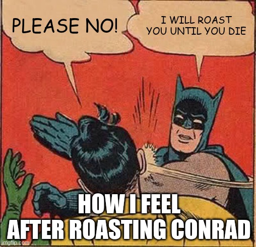 Batman Slapping Robin | PLEASE NO! I WILL ROAST YOU UNTIL YOU DIE; HOW I FEEL AFTER ROASTING CONRAD | image tagged in memes,batman slapping robin | made w/ Imgflip meme maker