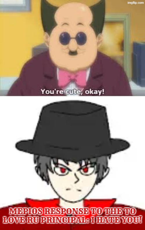 Mepios is serious and seems to be redeemed | MEPIOS RESPONSE TO THE TO LOVE RU PRINCIPAL: I HATE YOU! | image tagged in to love ru,mepios | made w/ Imgflip meme maker