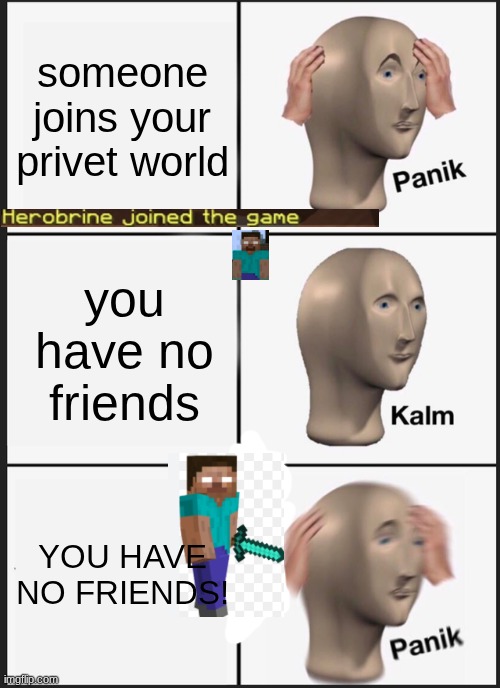 Panik Kalm Panik Meme | someone joins your privet world; you have no friends; YOU HAVE NO FRIENDS! | image tagged in memes,panik kalm panik | made w/ Imgflip meme maker